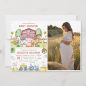 トラクター 農場 動物 牧場 赤ちゃんシャワー フォト 招待状 (正面)