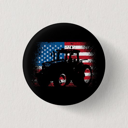 トラクターUSA国旗のデザインfor愛国的農家 缶バッジ (正面)