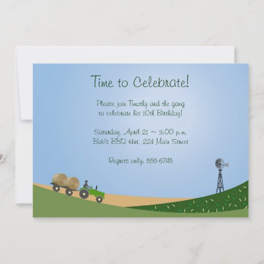 トラクタ招待状:かわいいヘイベールファームシーン 招待状 (裏面)