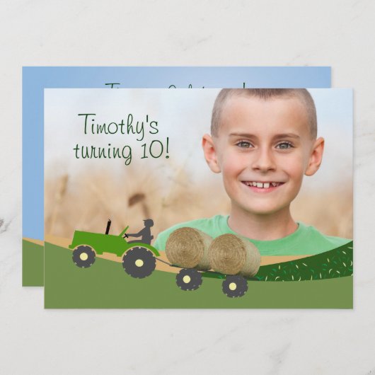 トラクタ招待状:かわいいヘイベールファームシーン 招待状 (正面/裏面)