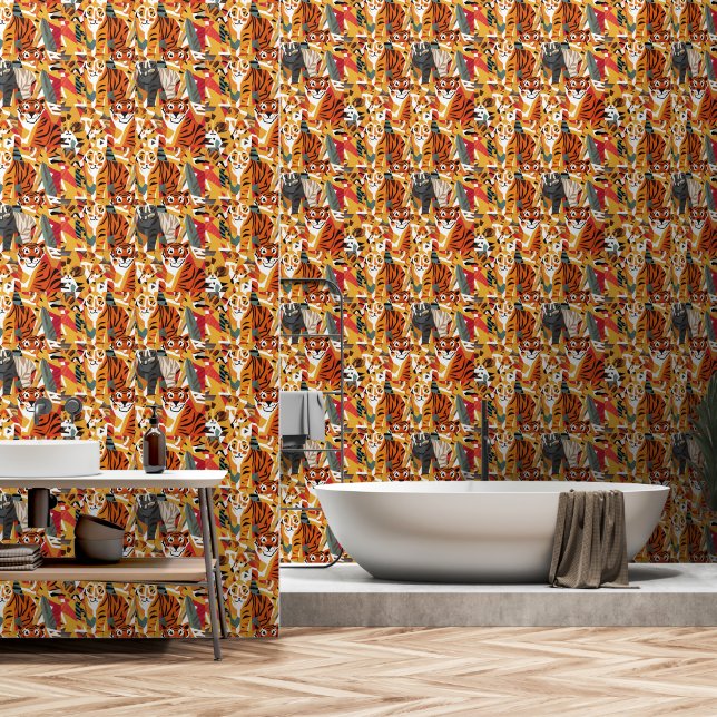 トラクールガおもしろいジャングル猫抽象芸術アート 壁紙 (浴室)