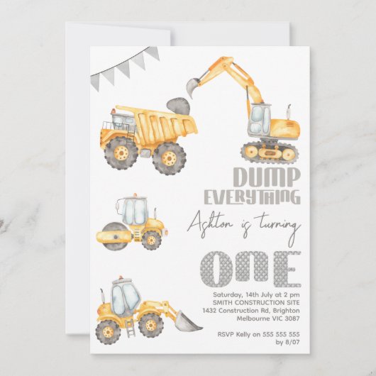 トラックすべてをダンプ建築1st誕生日 招待状 (正面)