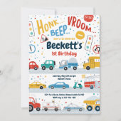 トラックとショベルカーと自動車の誕生日パーティー 招待状 (正面)