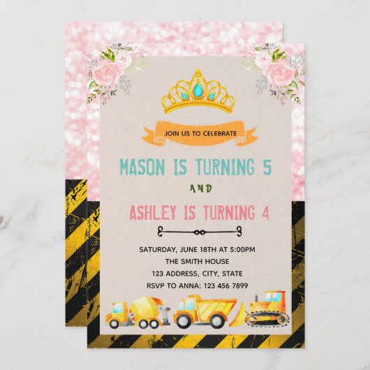 トラックとティアラスの誕生日パーティーの招待 招待状 (正面/裏面)