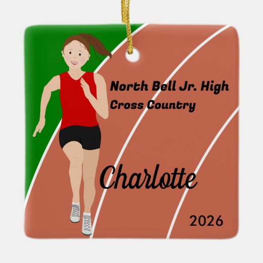 トラックとフィールドの女の子の茶色の髪の赤い黒 セラミックオーナメント (正面)