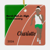 トラックとフィールドガールの黒髪の緑と白 セラミックオーナメント (正面)