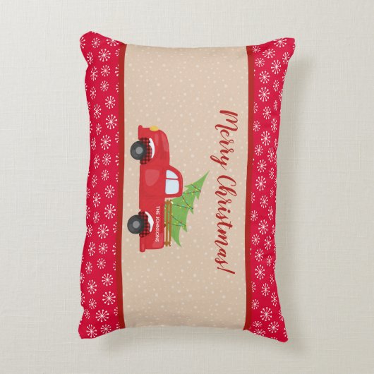 トラックと木のメリークリスマス、家族の名前 アクセントクッション (裏面(縦))