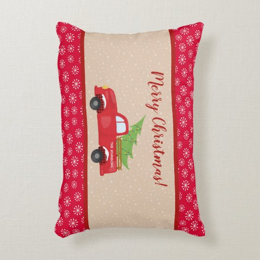 トラックと木のメリークリスマス、家族の名前 アクセントクッション (正面(垂直))