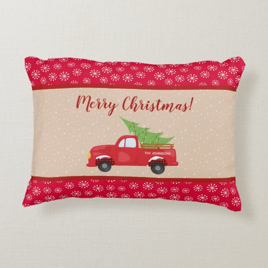 トラックと木のメリークリスマス、家族の名前 アクセントクッション (裏面)