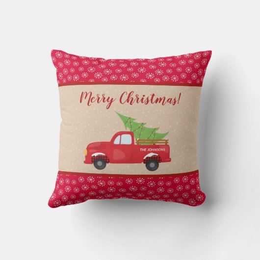 トラックと木のメリークリスマス、家族の名前 クッション (裏面)
