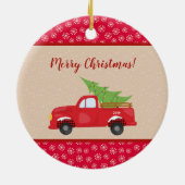 トラックと木のメリークリスマス、家族の名前 セラミックオーナメント (裏面)