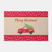 トラックと木のメリークリスマス、家族の名前 ドアマット (正面)