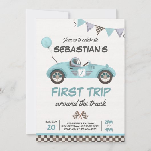 トラックのまわりにレースカー1回目の誕生日 招待状 (正面)