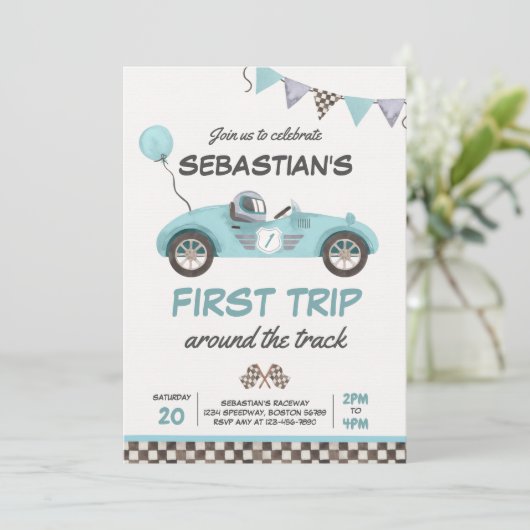 トラックのまわりにレースカー1回目の誕生日 招待状 (スタンド正面)