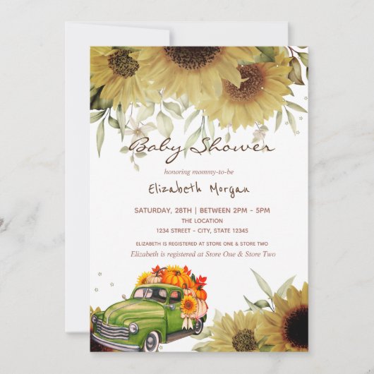 トラックのカボチャひまわりドライブ赤ちゃんシャワー 招待状 (正面)