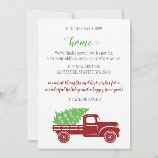 トラックのクリスマスツリー引っ越しましたホリデーカード (正面)