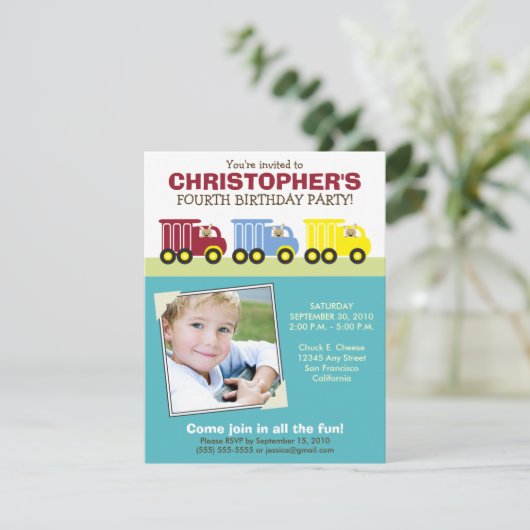 トラックのトリオの男の子の水の誕生日のパーティの招待状 招待状 (スタンド正面)
