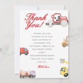 トラックのベビー建築のベビーシャワー サンキューカード (正面)