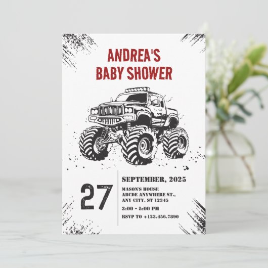 トラックのモンスタートロード赤ちゃんシャワー 招待状 (スタンド正面)