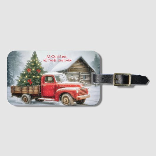 トラックの冬のクリスマスツリー ラゲッジタグ (正面横)