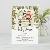 トラックの夏を運転するかわいいジャングルサファリ動物 招待状 (スタンド正面)