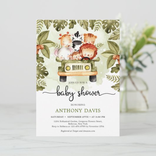 トラックの夏を運転するかわいいジャングルサファリ動物 招待状 (スタンド正面)