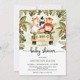 トラックの夏を運転するかわいいジャングルサファリ動物 招待状