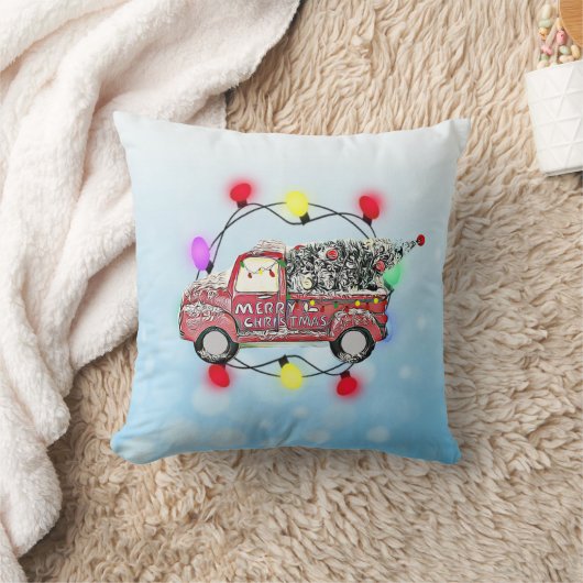 トラックの後ろの青と紫のクリスマスツリー クッション (ブランケット)