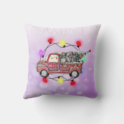 トラックの後ろの青と紫のクリスマスツリー クッション (裏面)