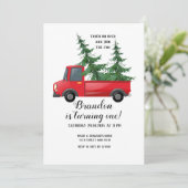 トラックの木製の赤い格子縞の最初誕生日の招待状 招待状 (スタンド正面)