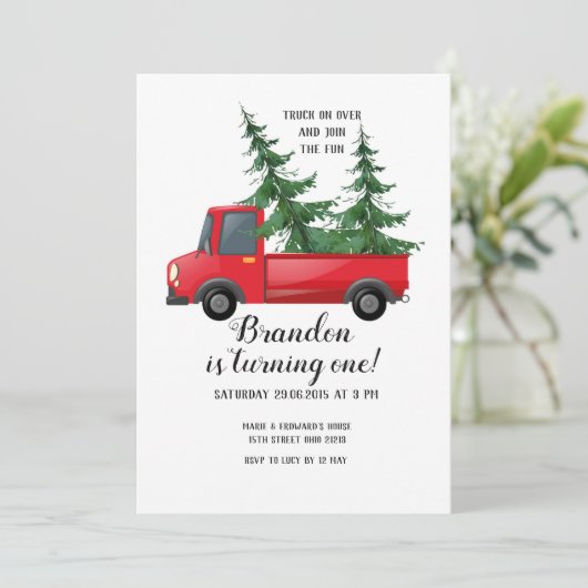 トラックの木製の赤い格子縞の最初誕生日の招待状 招待状 (スタンド正面)