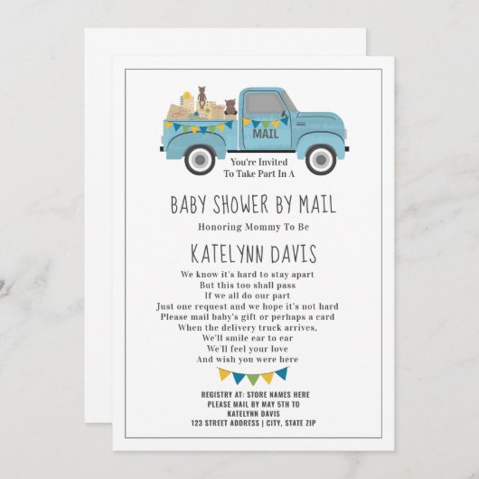 トラックの社会的な距離を置く青いベビーシャワー – 郵便で 招待状 (正面/裏面)