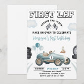 トラックを一周するレースカー 1歳の誕生日 招待状 (正面/裏面)
