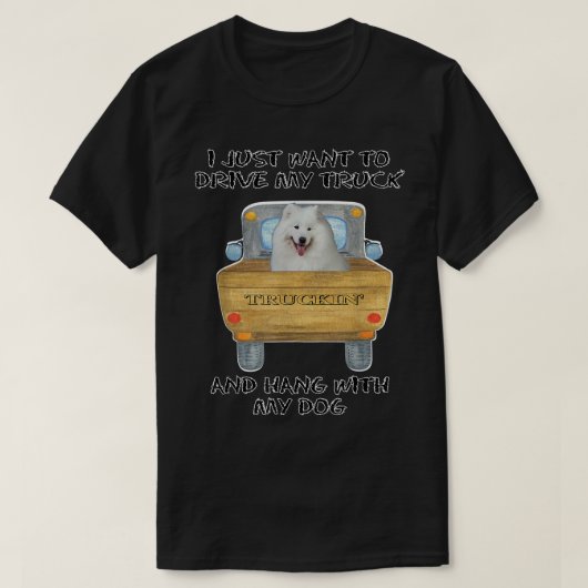 トラックを運転する犬サモエイ Tシャツ (デザイン正面)