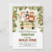 トラックを運転する野生のワンジャングルサファリ動物 招待状 (正面)