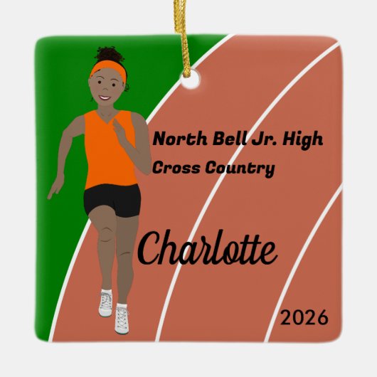 トラックアンドフィールドガールブラックヘア（オレンジ色） セラミックオーナメント (正面)