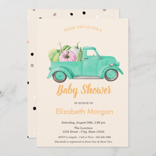 トラックカボチャ、水玉模様ベビーシャワー 招待状 (正面/裏面)