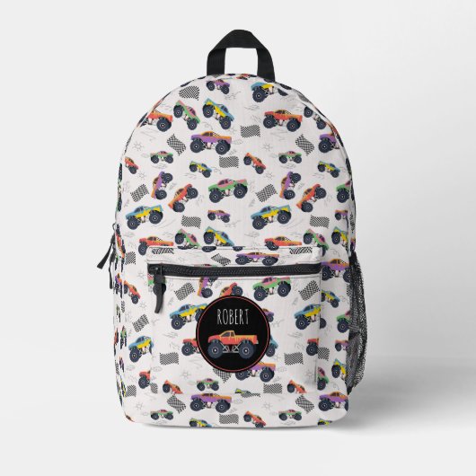トラックカラフルレーシングキッズ名前をカスタムする プリントバックパック (正面)
