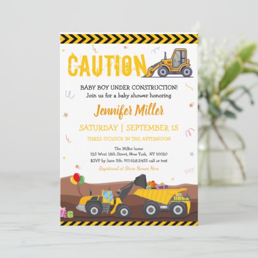 トラックディガーアンダー建築ベビー誕生日 招待状 (スタンド正面)