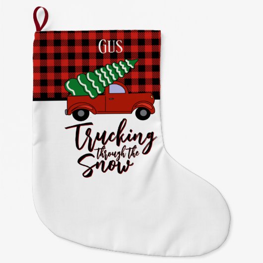 トラックパーソナライズされたクリスマスストッキングレッドプレイド ラージクリスマスストッキング (正面)
