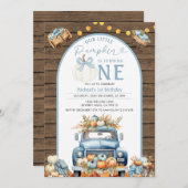トラックブルーパンプキン1st誕生日オータムウッド素朴 招待状 (正面/裏面)