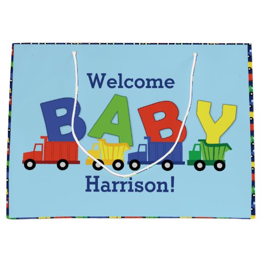 トラックボーイベビーシャワー建築かわいい ラージペーパーバッグ (正面)