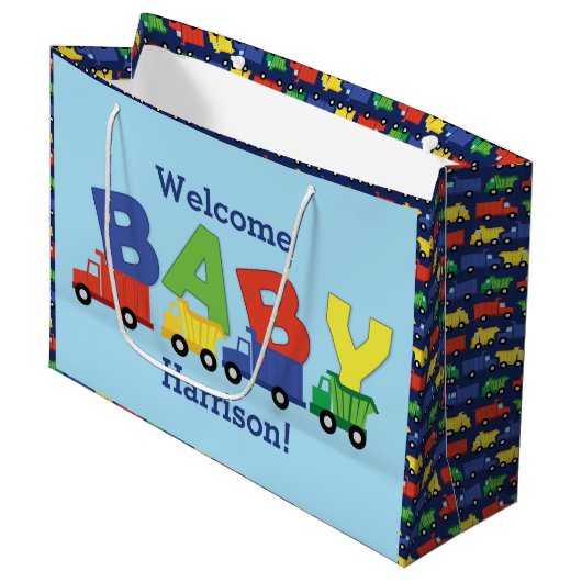 トラックボーイベビーシャワー建築かわいい ラージペーパーバッグ (正面アングル)