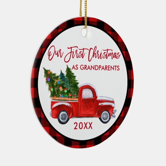 トラック初めてのクリスマスとして祖父母レッドプレイド セラミックオーナメント (右)