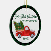 トラック初めてのクリスマスを祖父母としてグリーンプレイド セラミックオーナメント (右)