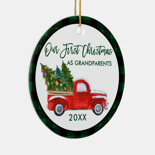トラック初めてのクリスマスを祖父母としてグリーンプレイド セラミックオーナメント (右)