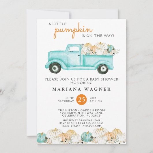 トラック小さなかぼちゃの赤男女兼用ちゃんシャワー 招待状 (正面)