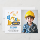 トラック建設レベルアップ写真少年4歳誕生日 招待状 (正面)