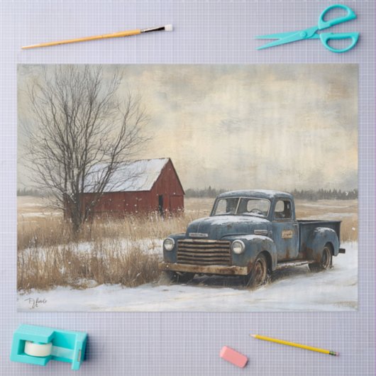 トラック素朴と納屋の冬の風景のデコページ 薄葉紙 (クラフト)