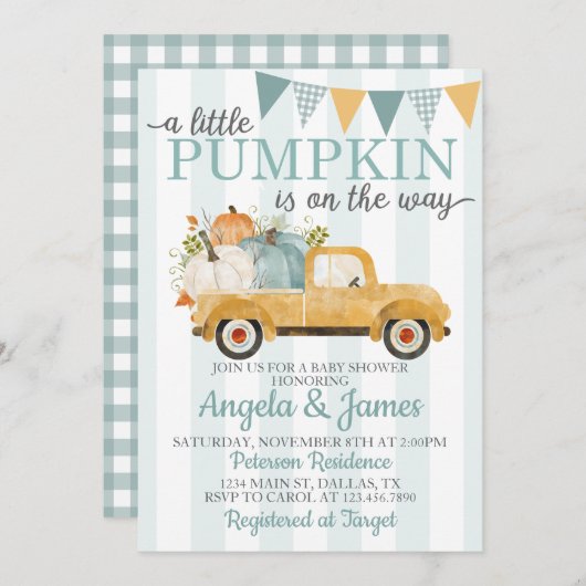 トラック素朴ベビーシャワー招待状カボチャパッチ 招待状 (正面/裏面)